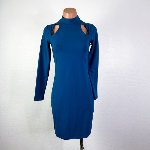 Susana Monaco Cutout Long Sleeve Mock Neck Mini Dress Blue S NWT Cocktail Party - Picture 2 of 12